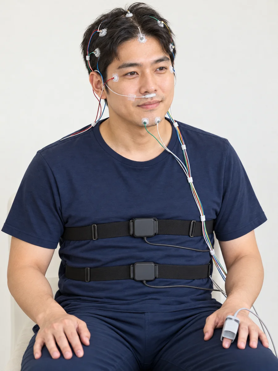머리와 얼굴, 턱에 전극을 붙이고 코에 호흡 센서, 가슴과 배에 벨트, 손가락에 산소포화도 센서를 단 성인 남성.